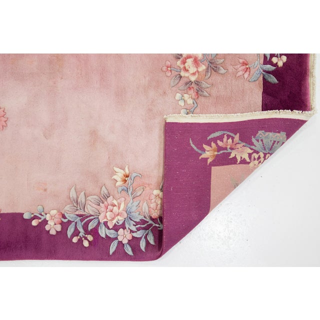 4 X 6 Antique Chinese Art Deco Pink Wool Rug With Floral Design For Sale - Image 4 of 9