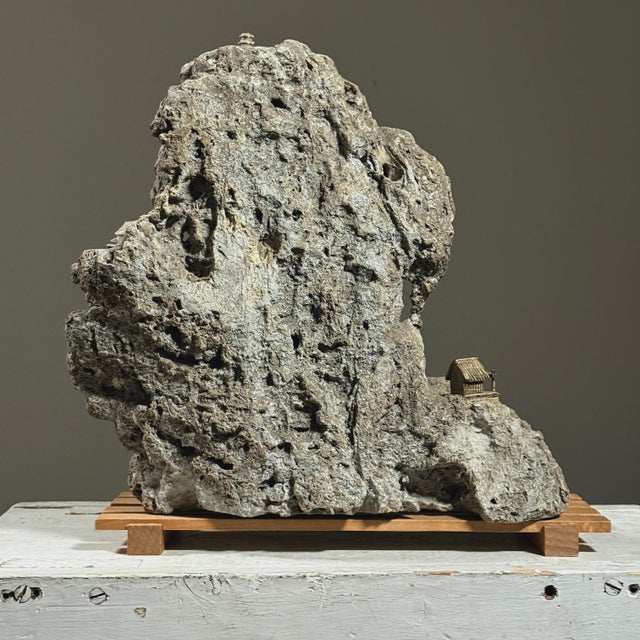 Japanese Rare Antique Japanese Suiseki Rock Sculpture With Miniature Houses For Sale - Image 3 of 9