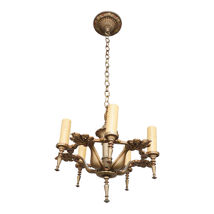 Mid 20th Century Rewired Ornate Pot Metal & Brass 5 Arm Chandelier