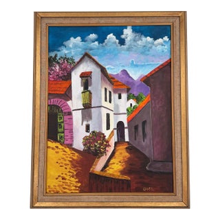 Original Mediterranean Village Landscape Oil Painting Signed For Sale
