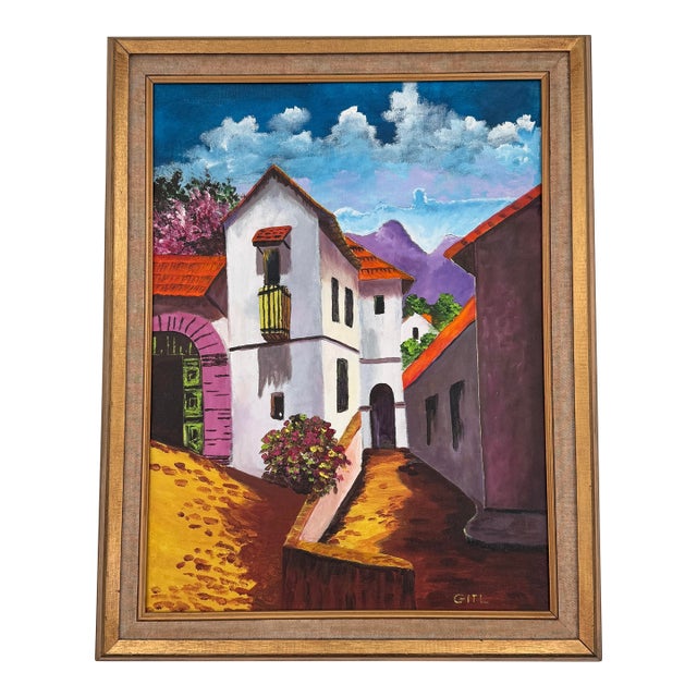 Original Mediterranean Village Landscape Oil Painting Signed For Sale