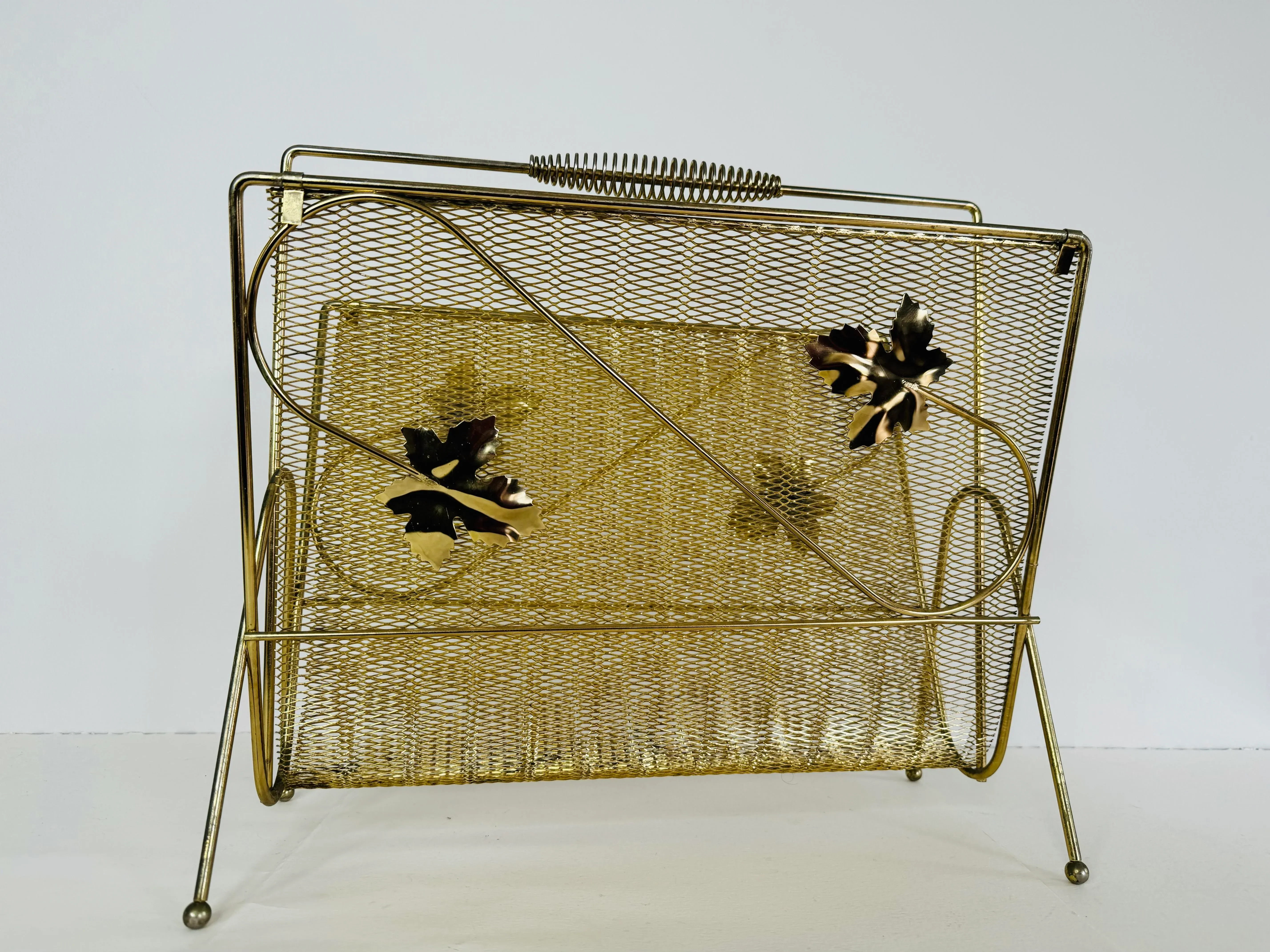 Vintage 1950s Gold Metal Leaf Handled Magazine Rack | Chairish