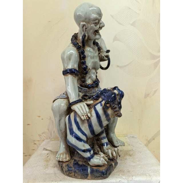 Blue Chinese Vintage Ceramic Buddhist Sculpture,Hand Carved Blue and White Porcelain the Eighteen Arhats Statue For Sale - Image 8 of 9