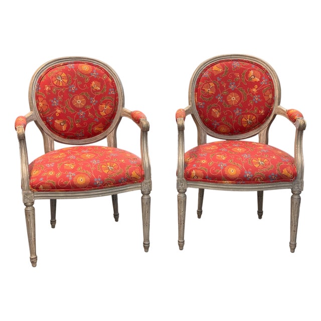 Pair of Vintage Painted Fauteuils With Floral Upholstery For Sale