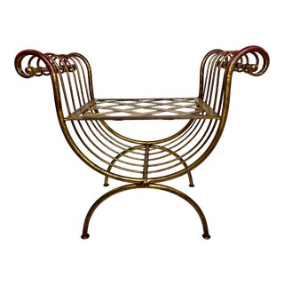 Vintage Italian Hollywood Regency Iron Gold Gilt Curule Vanity Bench For Sale
