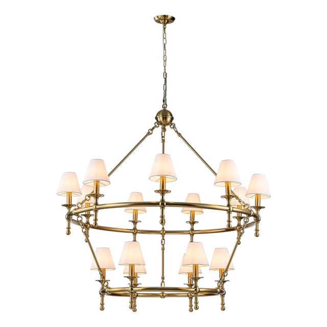 Aloadecor Classic Large Warm Brass Two-Tier Chandelier With White Shades For Sale