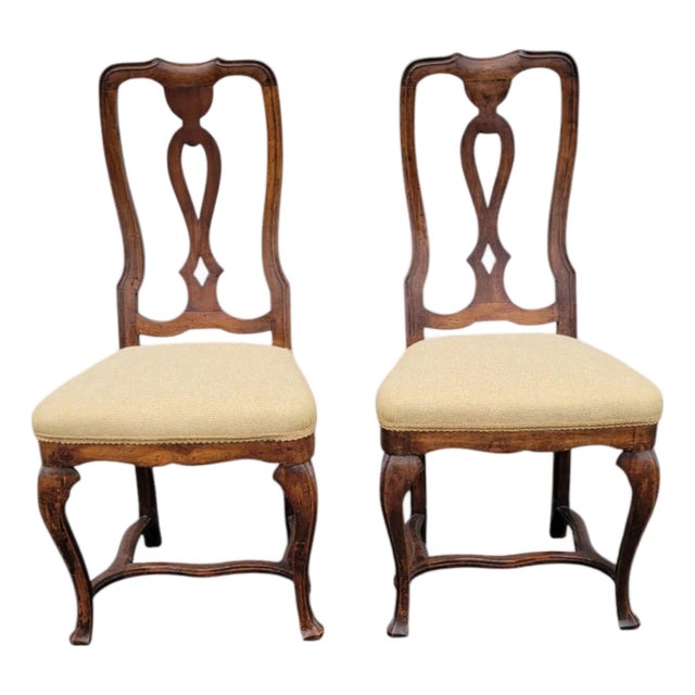 Pair 18th Century Italian Walnut Chairs Original Finish Hand Carved For Sale