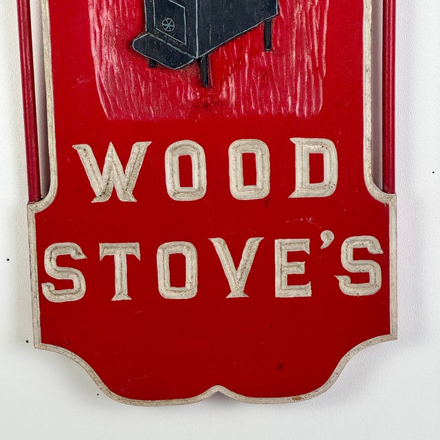 Early 20th Century Vintage Wooden "Wood Stove's" Advertising Trade Sign in Bright Red & Black Stove For Sale - Image 5 of 8