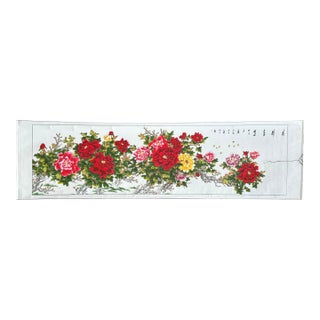 Long Horizontal 141" Chinese Color Ink Red Peony Blossom Scroll Painting For Sale
