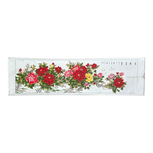 Long Horizontal 141" Chinese Color Ink Red Peony Blossom Scroll Painting For Sale