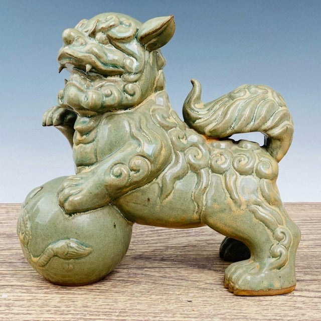Early 20th Century Pair of Antique Celadon Glazed Guardian Lions – 9.8" Foo Dogs With Brocade Balls For Sale - Image 5 of 9