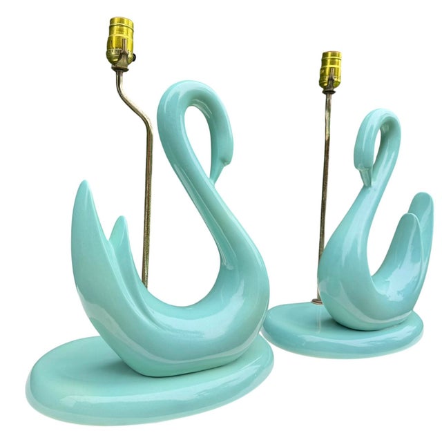 Mid-Century Modern Vintage Sculptural Aqua Swan Table Lamps, Pair For Sale - Image 3 of 11