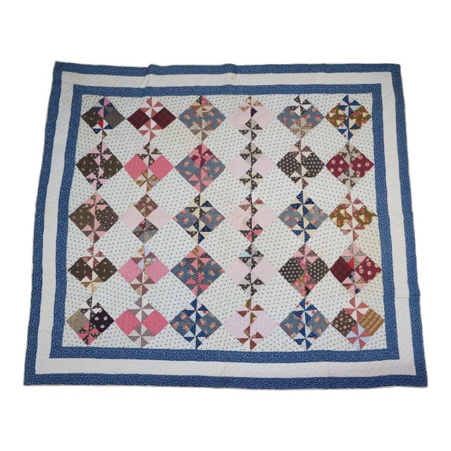 Vintage Handmade American Pinwheel Variant Postage Stamp Patchwork Quilt 76" For Sale