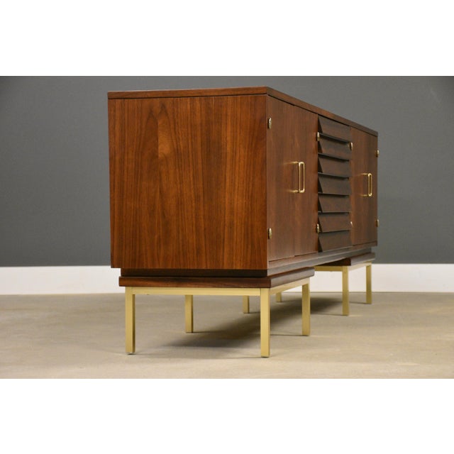 American of Martinsville 1960s Refinished 78” American of Martinsville Walnut and Brass Dresser For Sale - Image 4 of 12