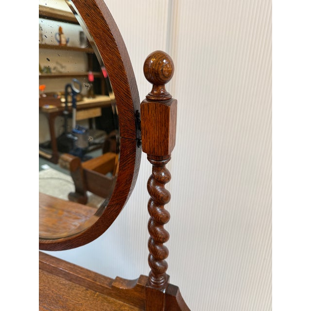 Late 20th Century Antique Jacobean Tiger Oak Wood Vanity Dresser With Mirror For Sale - Image 5 of 12