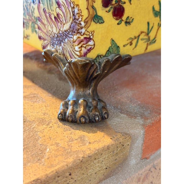 Vintage Set of 2 Large Yellow Gold Paw Footed Garden Urn Jars Brass Caps For Sale - Image 17 of 18