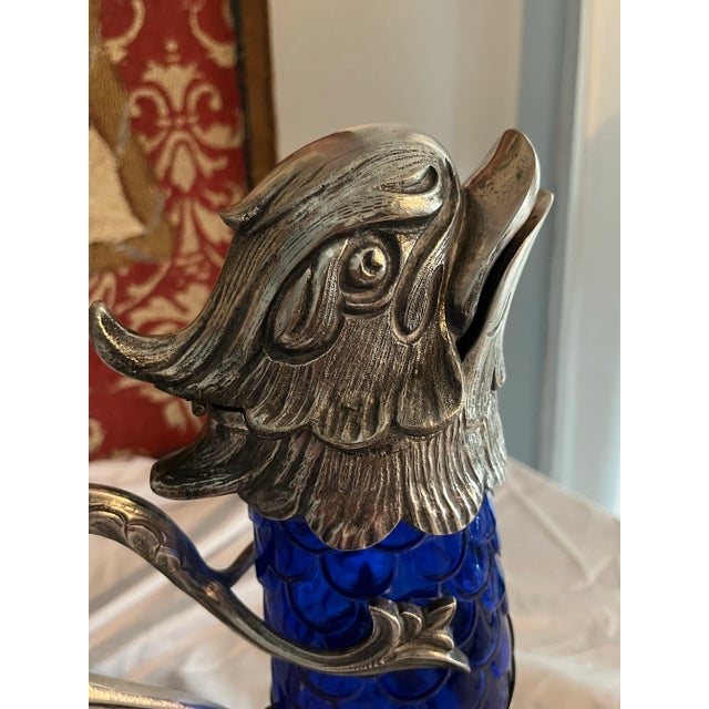 Hand-Blown Sapphire Blue Glass Claret With Silver Motifs For Sale - Image 11 of 12