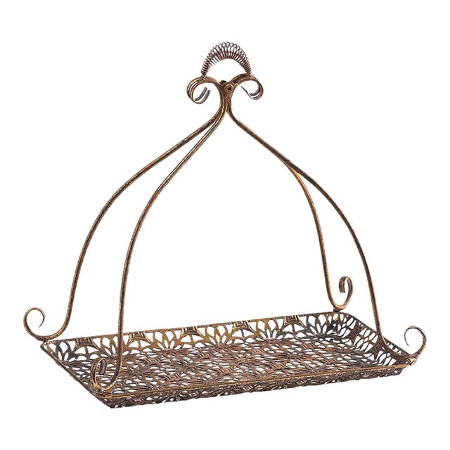 Distressed Gilded Iron Handled Tray With Ornate Openwork Detail (Vintage-Inspired) For Sale