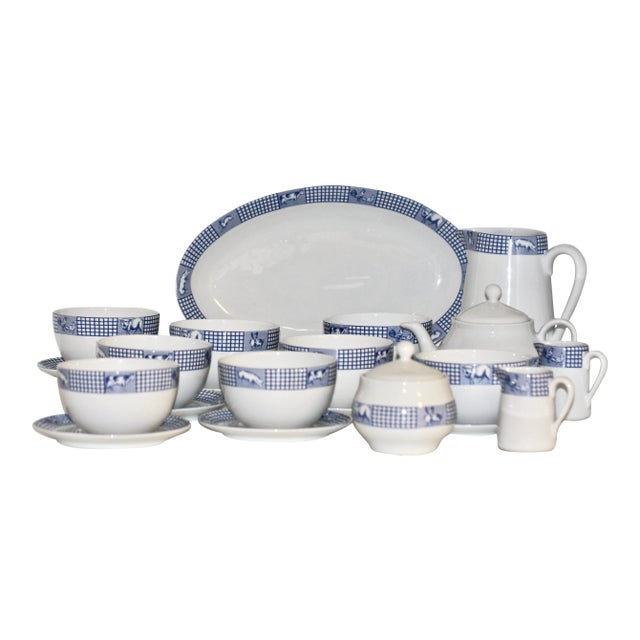 French Blue & White Porcelain Breakfast Service in the “Ferme D’Antan” Pattern by Jacques Coeur France – 24 Pieces For Sale