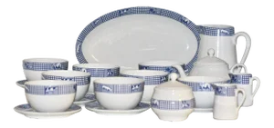 French Blue & White Porcelain Breakfast Service in the “Ferme D’Antan” Pattern by Jacques Coeur France – 24 Pieces