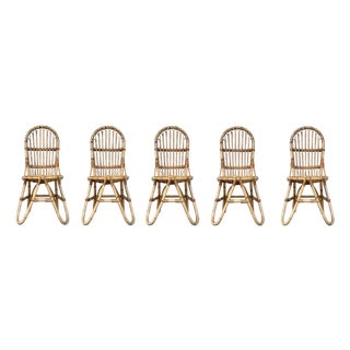Set of Five French Bamboo and Rattan French Sculptural Dining Chairs circa 1970 For Sale
