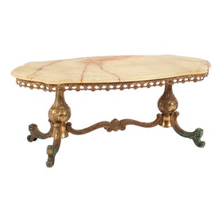 Vintage French Hollywood Regency Onyx Coffee Table with Brass Base, 1950s For Sale