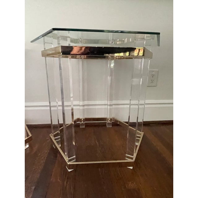 Mid 20th Century Vintage Lucite, Brass and Glass Side Tables by Charles Hollis Jones - a Pair For Sale - Image 5 of 11