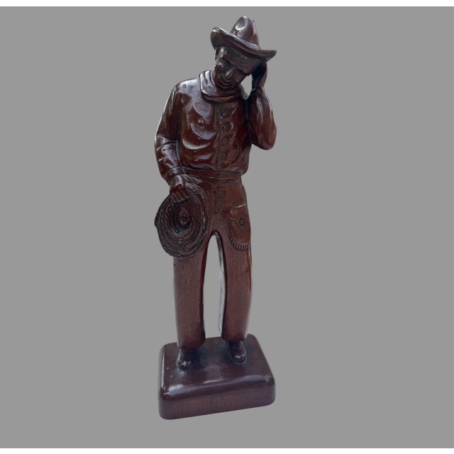 Wood Antique C1920 Carved Mahogany Will Rogers Ziegfeld Follies Cowboy Figure 14” For Sale - Image 7 of 12