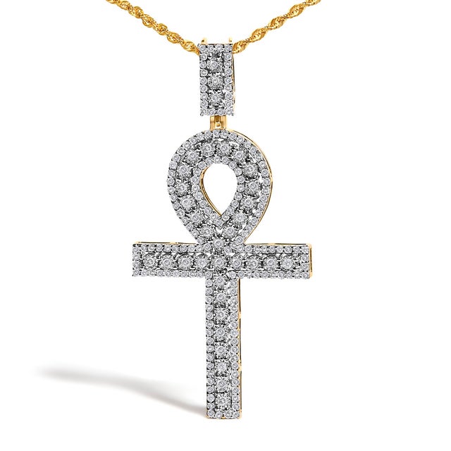 Contemporary Men's 10K Yellow Gold 1.00 Cttw Diamond Ankh Cross Pendant Necklace For Sale - Image 3 of 4