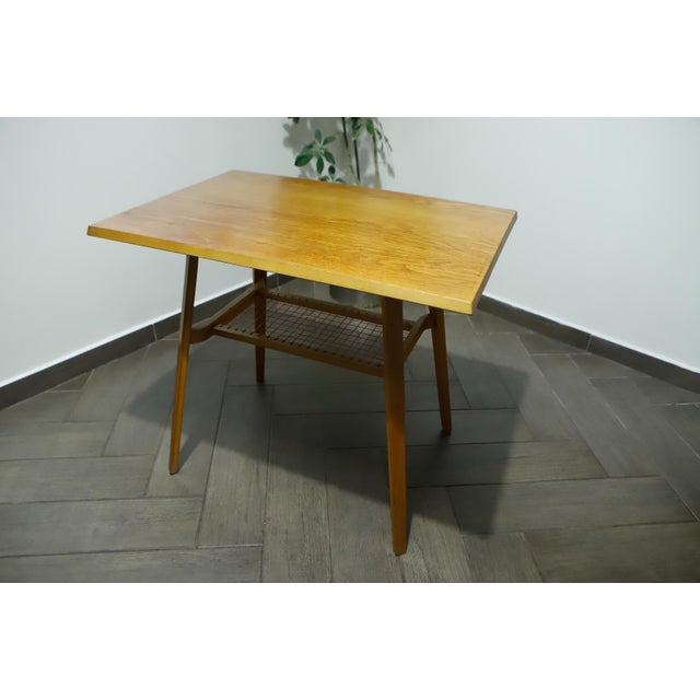 Brussels Table with Red Woven Shelf by Dřevopodnik Holešov, 1960s For Sale - Image 9 of 14