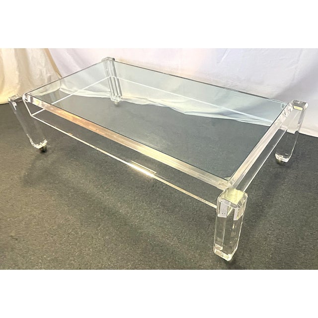 Transparent 1970's Charles Hollis Jones Style Lucite and Glass Coffee Table on Casters For Sale - Image 8 of 12