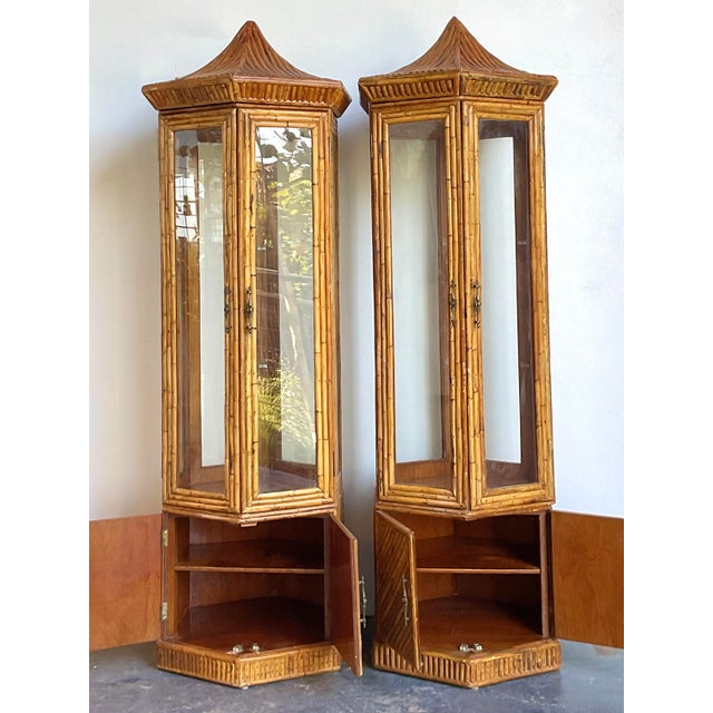 Chocolate Vintage Pagoda Split Rattan Tall Cabinets - A Pair For Sale - Image 8 of 12