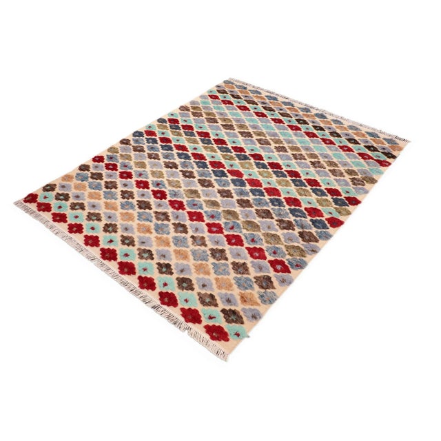 Abstract 1990s 1990s Abstract Moroccan High-Low Beige/Blue Wool Rug - 6'3'' X 9'4'' For Sale - Image 3 of 8