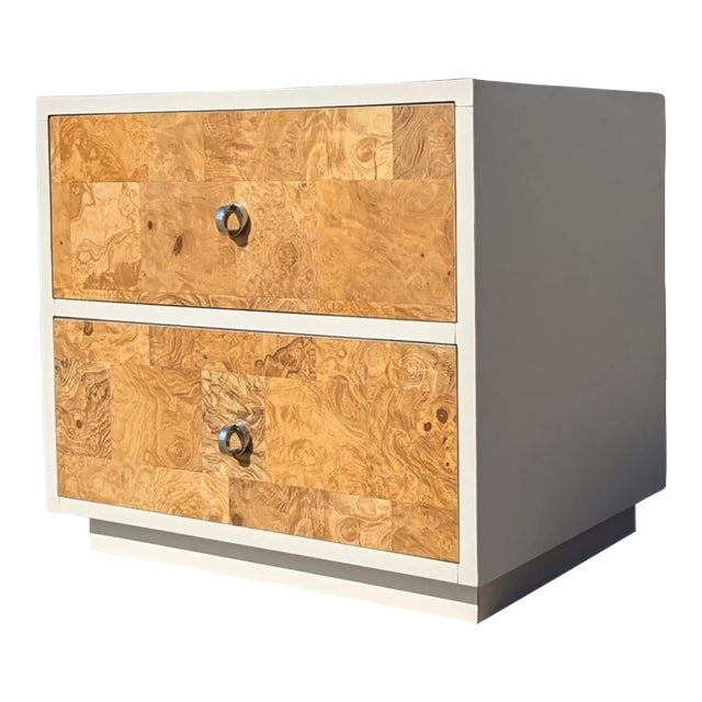 1970s Faux-Burl Laminate Nightstand With Chrome Pulls For Sale