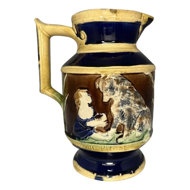 19th Century Thomas Forester Majolica Pitcher: "Say Please" Child & Dog, c. 1865-1880 For Sale