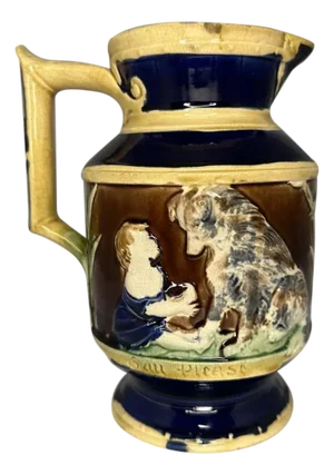 19th Century Thomas Forester Majolica Pitcher: "Say Please" Child & Dog, c. 1865-1880