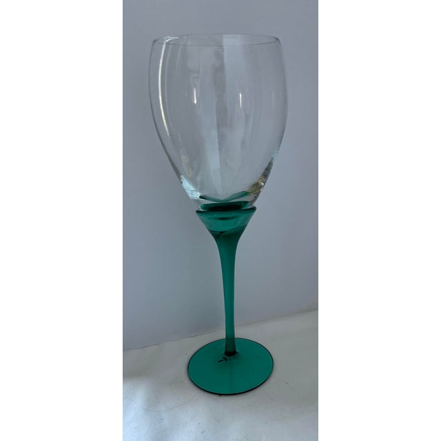 Pair of Italian Murano Style Teal Stem Art Glass Wine Goblets For Sale - Image 4 of 4