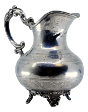 Silver Water Jug with Engraved Plant Motifs and Standing on Four Raised Feet