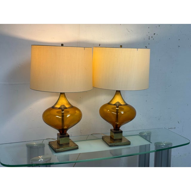 Amber Italian Murano Inspired Amber Glass Table Lamps, Pair For Sale - Image 8 of 12