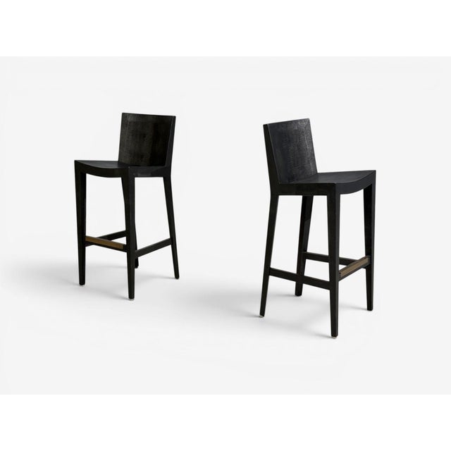 Karl Springer, American Mid-Century Modern, JMF Barstools, Embossed Lizard Leather, Brass, USA, 1986 Pair of wonderful...