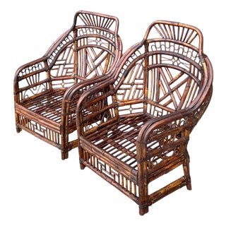 Vintage High Back Brighton Rattan Lounge Chairs - A Pair For Sale