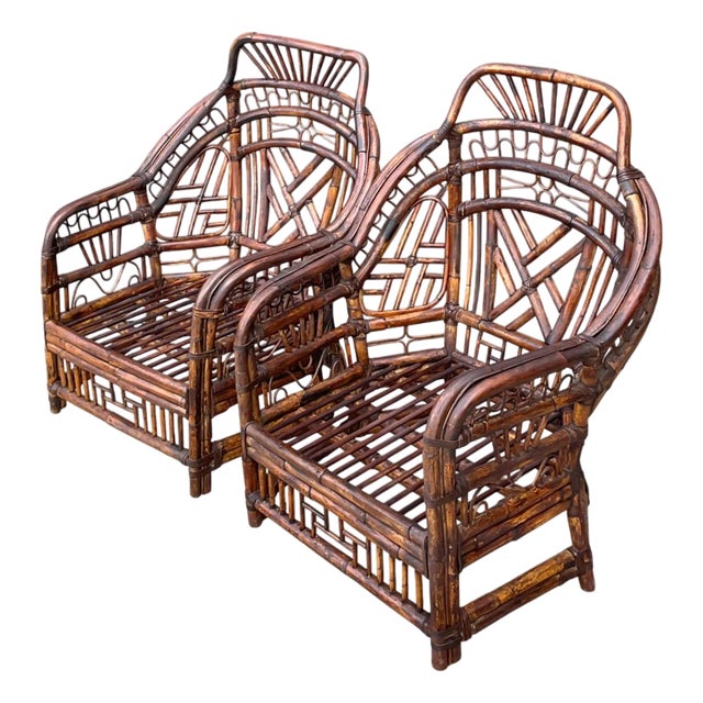 Vintage High Back Brighton Rattan Lounge Chairs - A Pair For Sale