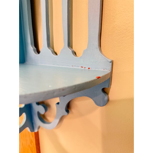 Mid 20th Century Mid-20th Century Chippendale Style Gingerbread Fretwork Corner Shelf With Distressed Blue Patina For Sale - Image 5 of 10
