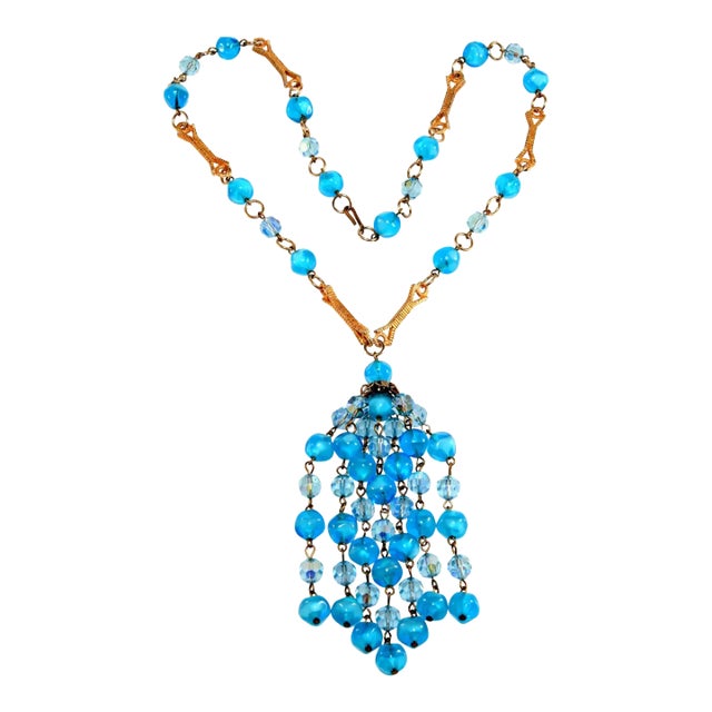 Vintage Tassel Necklace Caribbean Blue Glass Beads For Sale