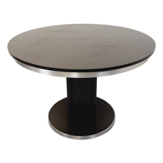 Vintage Round Dining Table in Black Wood-Effect Melamine and Chrome Metal, Space Age/1970s Style, with Integrated Extension For Sale