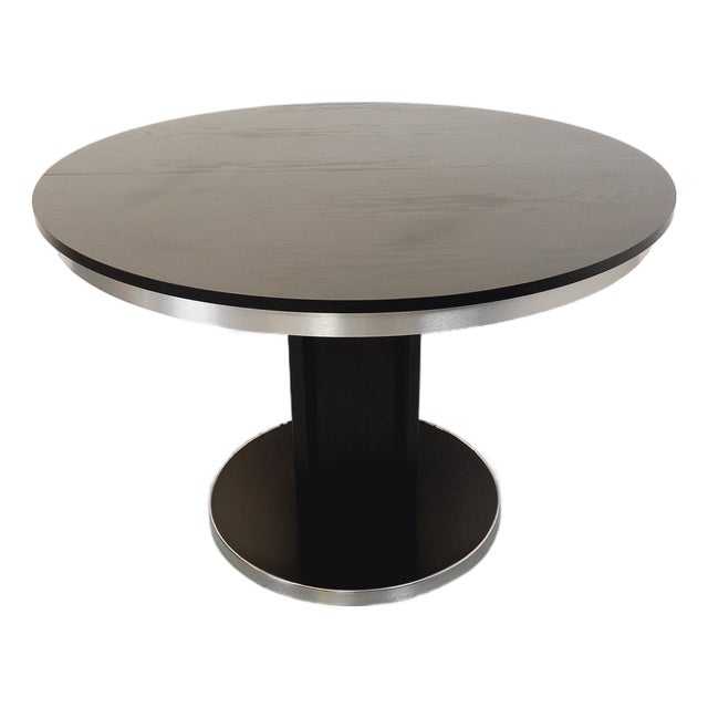 Vintage Round Dining Table in Black Wood-Effect Melamine and Chrome Metal, Space Age/1970s Style, with Integrated Extension For Sale