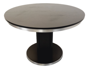 Vintage Round Dining Table in Black Wood-Effect Melamine and Chrome Metal, Space Age/1970s Style, with Integrated Extension