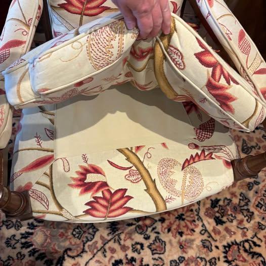 Pair of Mid Century Regency Style Wood Frame Armchairs With Waverly Style Upholstery Fabric and Brass Finial and Tassel Accents For Sale In Saint Louis - Image 6 of 14