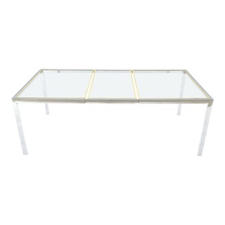 Glass Top Brass & Chrome Base One Extension Leaf Dining Conference Table For Sale