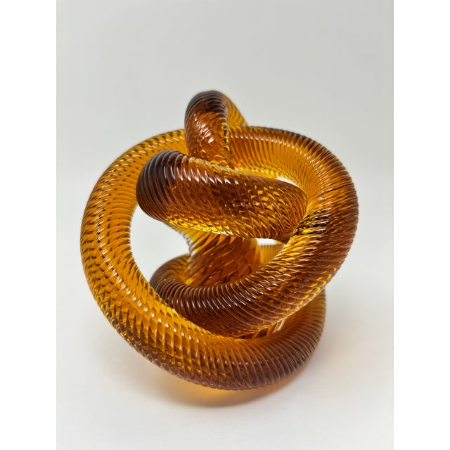Amber Signed Amber & Cognac Art Glass Infinity Knot Sculpture, Serpentine Texture For Sale - Image 8 of 17